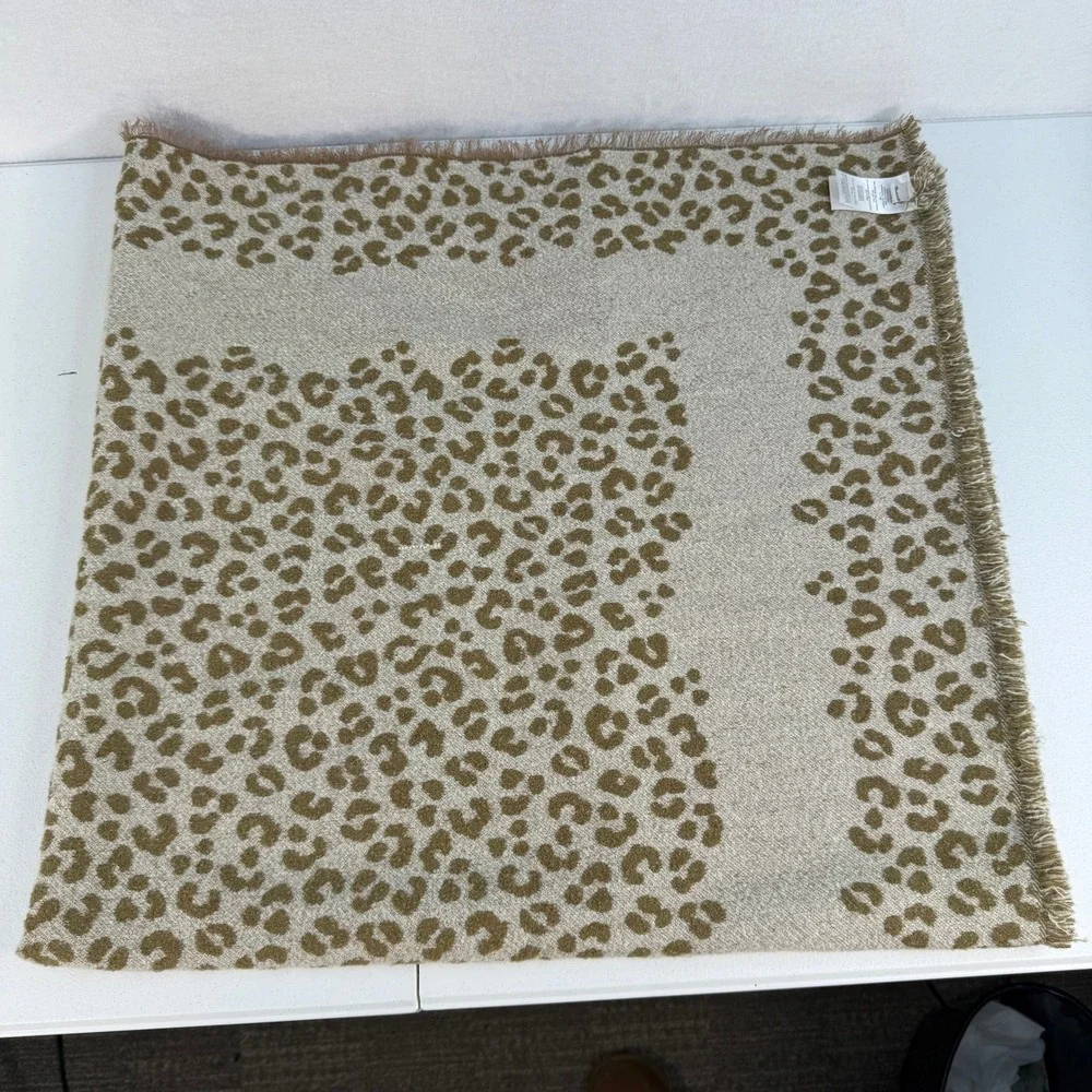 Bandana‎ Scarf in Mini Cheetah Print Fringed Edge Large Square Cozy Warm Beige